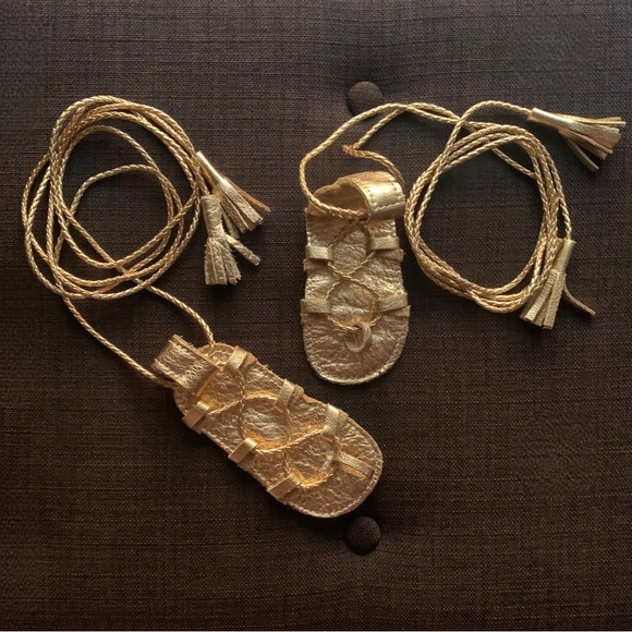 🩴2/$10👠3/$12 Soft Sole Gold Braided Leather Gladiator Barefoot Sandals Baby Sz 5 - Picture 3 of 7